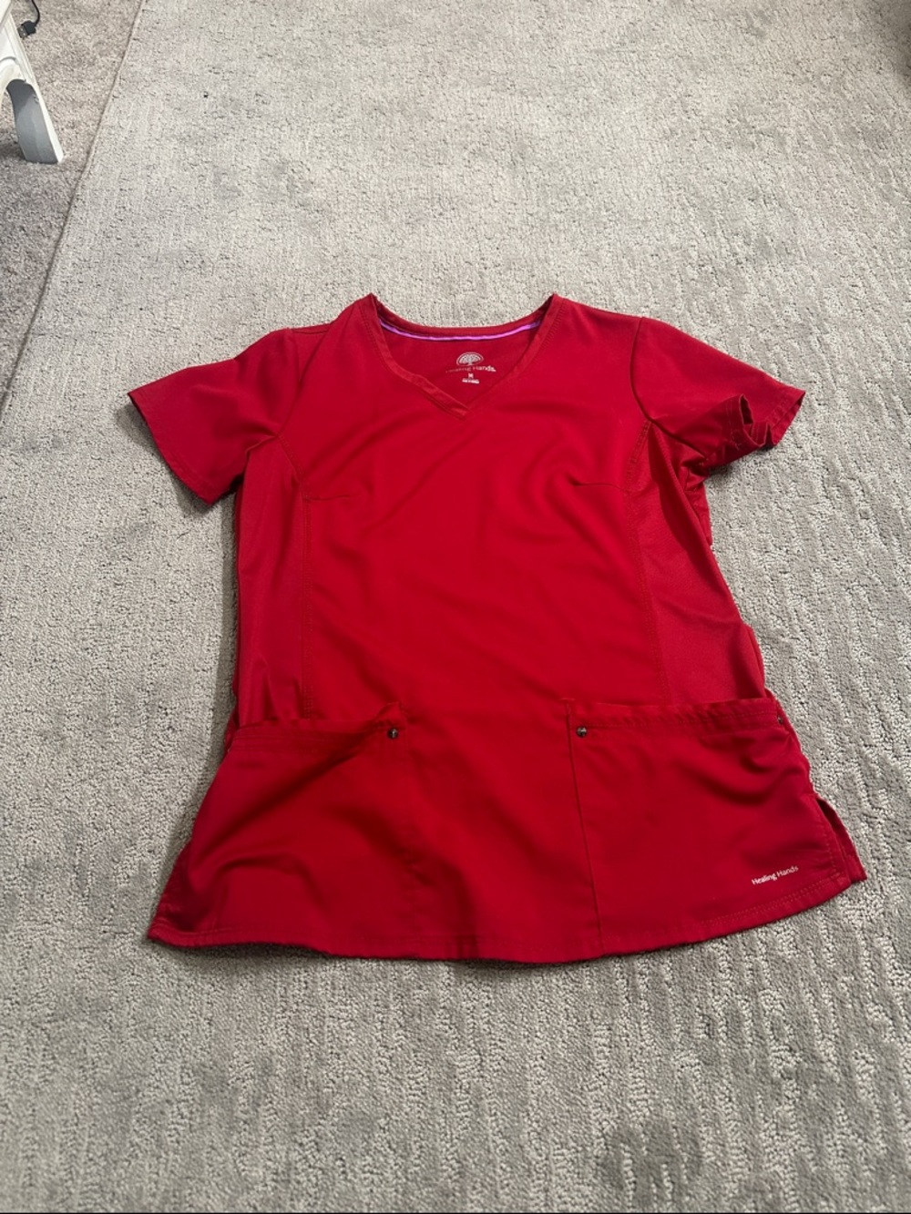 healing hands Red V-Neck Scrub Top with Contrast Trim